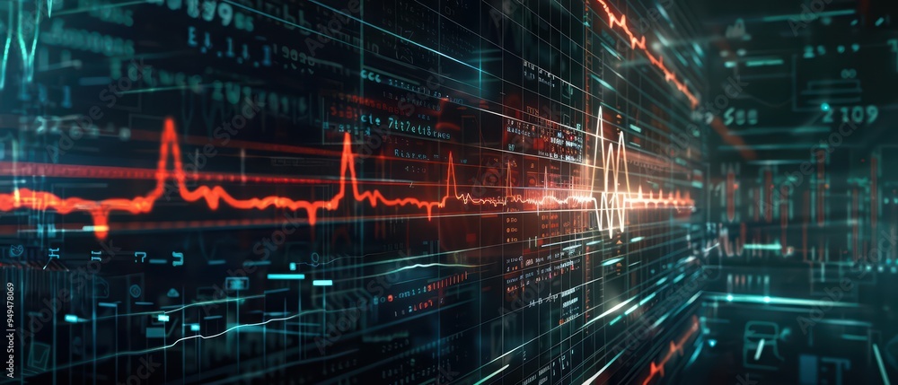Poster a futuristic depiction of a heart monitor readout against a backdrop of deep shadows