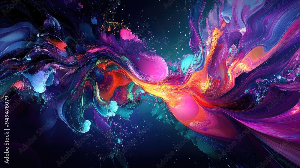Poster vibrant and colorful computer generated artwork set against a dark backdrop