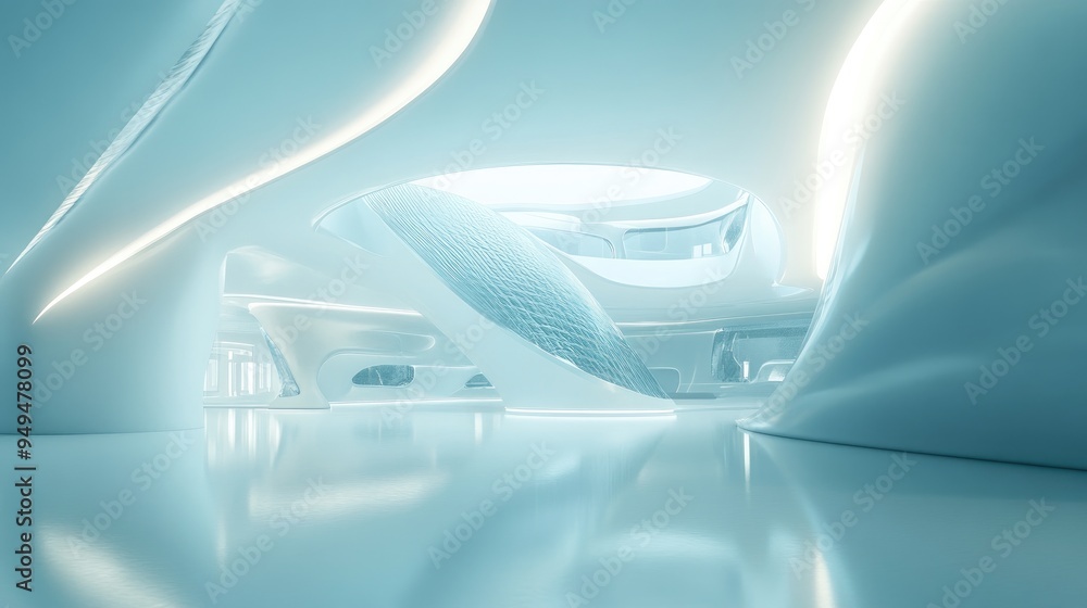 Poster futuristic abstract interior in smooth white features a night view with backlighting showcasing an a
