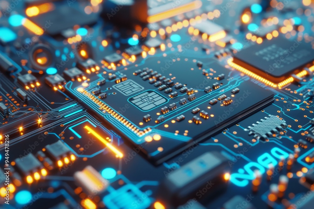 Poster detailed view of a computer circuit board showing secure chip technology embedded in a credit card, 