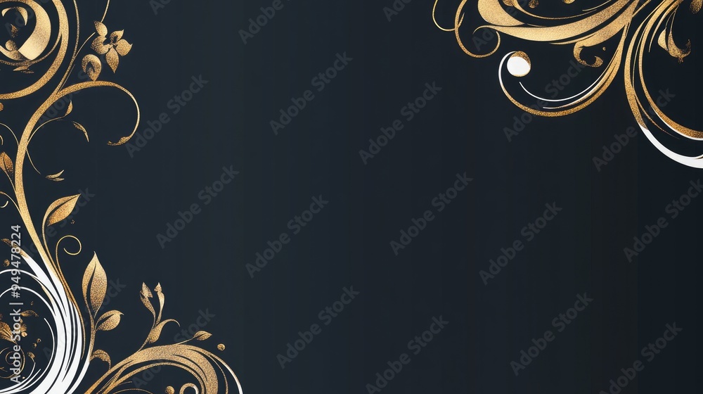 Aufkleber minimalistic design featuring a gold and white vignettes frame elegant curly curls on a dark backgro
