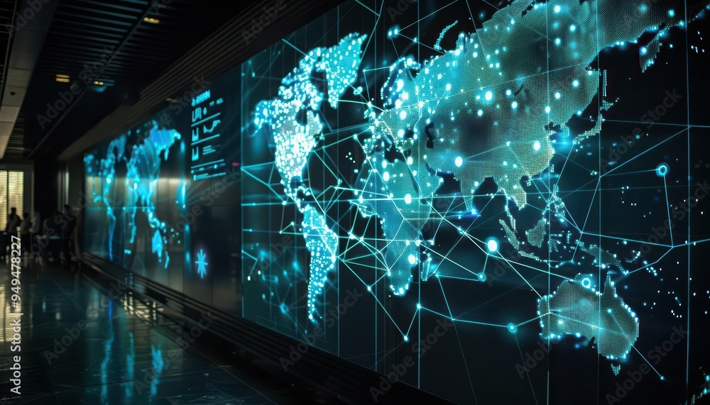 Poster a futuristic display features a world map with pulsing connections, illustrating the vast reach of a
