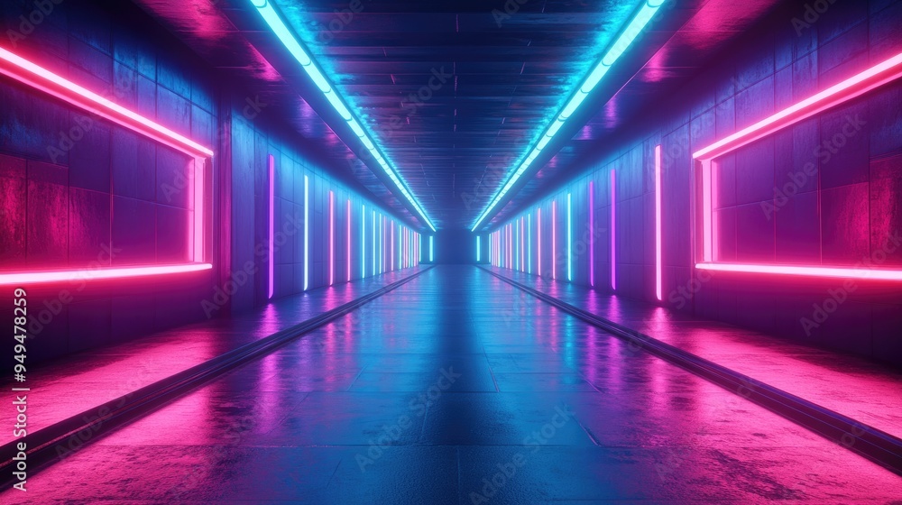 Poster futuristic neon glowing lines in a dark tunnel with reflections on the floors and ceilings creating 