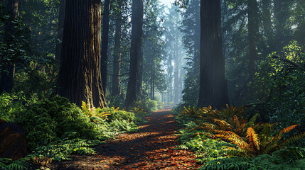 Obraz premium Majestic, towering redwoods, ancient forest, serene, high quality, photorealistic, lush undergrowth, dappled sunlight, peaceful, breathtaking, nature's grandeur::0.9 misty fog, forest trails, 