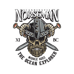 Viking head vintage label style with swords in the background