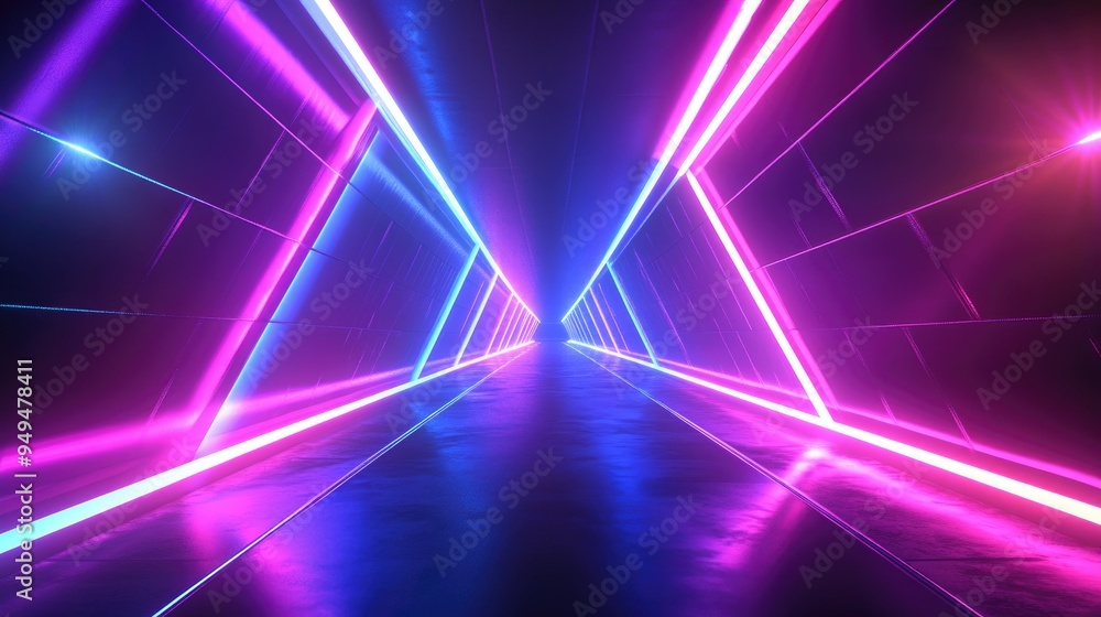Poster psychedelic abstract futuristic neon scene featuring vibrant purple and blue glowing lasers in a dar