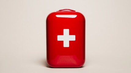 Fototapeta premium A vibrant red first aid kit with a white plus symbol on the lid positioned against a neutral background to emphasize its clarity and purpose