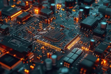 Obraz premium A futuristic setup displays a computer systems processor and microchip, surrounded by intricate electronic circuits that symbolize the forefront of technological innovation