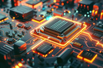 A futuristic setup displays a computer systems processor and microchip, surrounded by intricate electronic circuits that symbolize the forefront of technological innovation