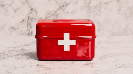 A vibrant red first aid kit with a white plus symbol on the lid positioned against a neutral background to emphasize its clarity and purpose