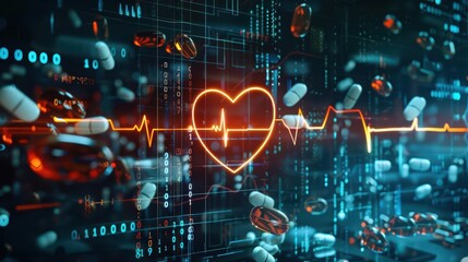 Fototapeta premium A heartbeat rhythm pulsates across a digital screen, surrounded by various medicines, illustrating the concept of health and medical care through innovative pills