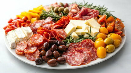 A beautifully arranged charcuterie board featuring a variety of cured meats, cheeses, olives, and fresh herbs. Perfect for entertaining and special occasions.
