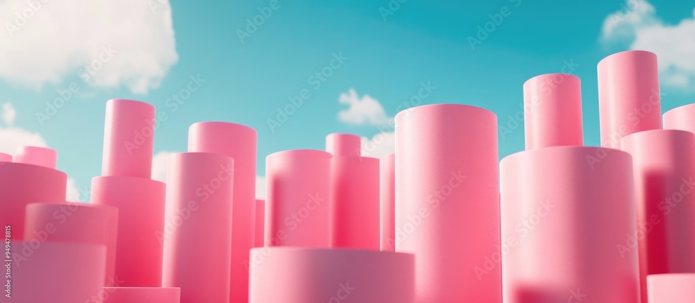 Poster abstract background featuring pink cylinders set against a sky blue backdrop high quality 3d renderi