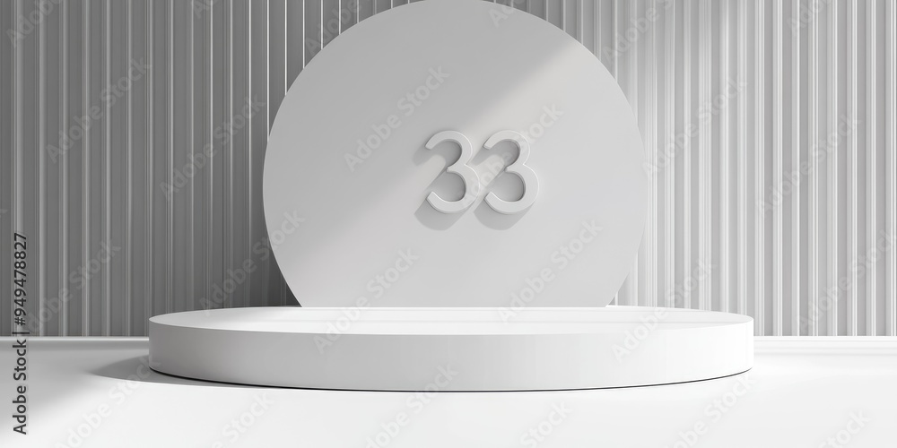 Poster Mock up presentation podium in white minimalistic style featuring the number 33 and ample copy space 3D rendered abstract background design