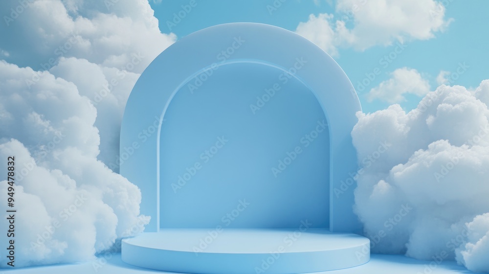 Aufkleber Blue backdrop featuring clouds and a minimalist podium 3D rendering