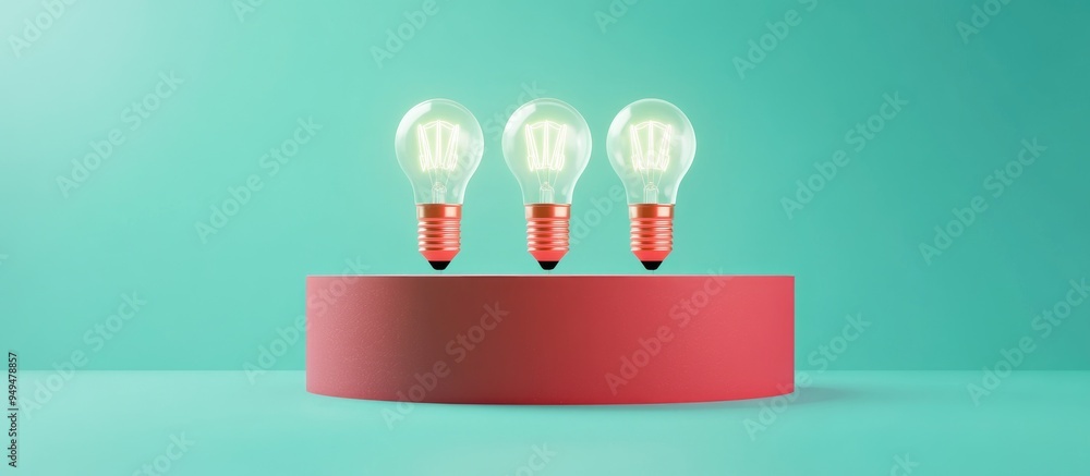 Poster modern minimalist red product podium featuring retro neon light bulbs isolated on a light green blue