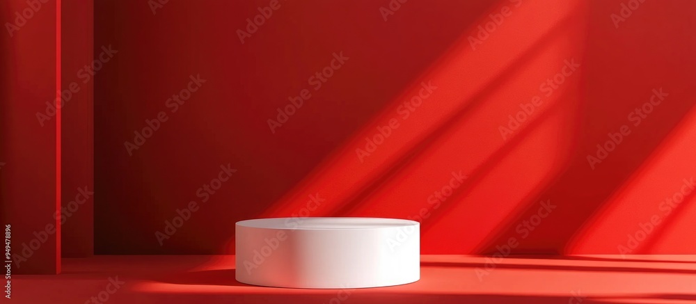 Poster Simple Minimal 3D Render Composition Featuring a White Cylinder Podium on an Abstract Neon Red Background with Shadows for Product Display Illuminated from the Right