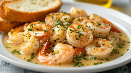 Garlic Butter Shrimp Scampi with Fresh Parsley and Slices of Bread