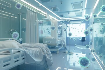 A hospital room filled with an abundance of medical supplies ready for patient care, Self-cleaning rooms equipped with antimicrobial surfaces to prevent the spread of infections