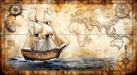 A Nautical-Themed Background Featuring an Old Map, Compass, and Ship Rope on a Rustic Wooden Surface, Perfectly Evoking the Spirit of Adventure, Exploration, and Maritime History, Ideal for Depicting 