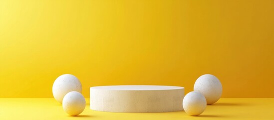 Minimalist 3D representation of an empty podium for product showcase complemented by four decorative spheres against a bright yellow backdrop