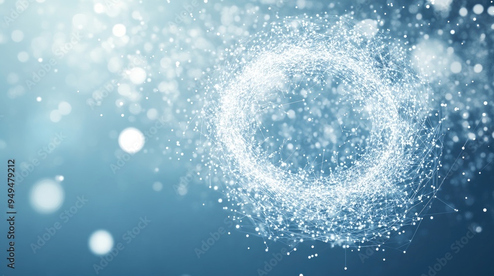 Poster luminous abstract sphere composed of lines and points against a blurred backdrop of white particles 