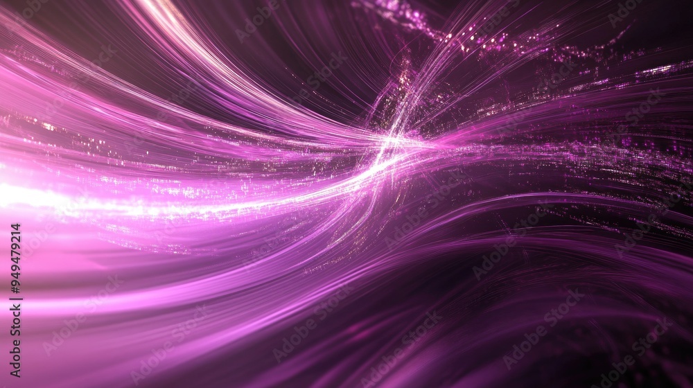 Poster panoramic abstract background depicting high speed technology with glowing purple wave swirls and dy