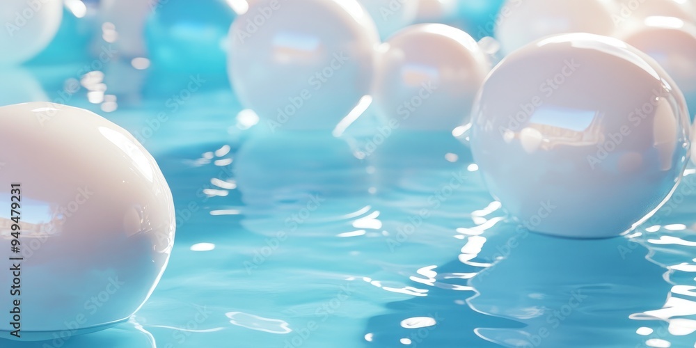 Poster abstract summer scene featuring glossy white and blue balloons floating in a pool 3d rendering