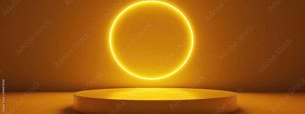 Poster Floating pedestal with a neon line on a thick yellow mat background 3D render of an abstract scene featuring a suspended podium and a neon circular frame
