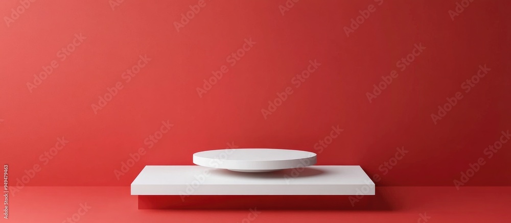 Poster Empty white podium against a red backdrop Mockup display for product showcase 3D rendering Minimalist design Advertising template