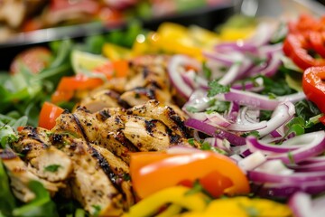 Detailed view of a colorful salad featuring grilled chicken and an assortment of fresh vegetables, Sensory details of a colorful grilled chicken salad