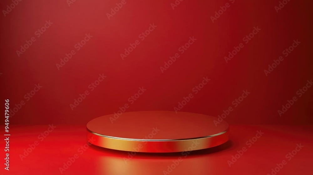 Poster gold podium on a red backdrop for showcasing or presentation concepts rendered in 3d