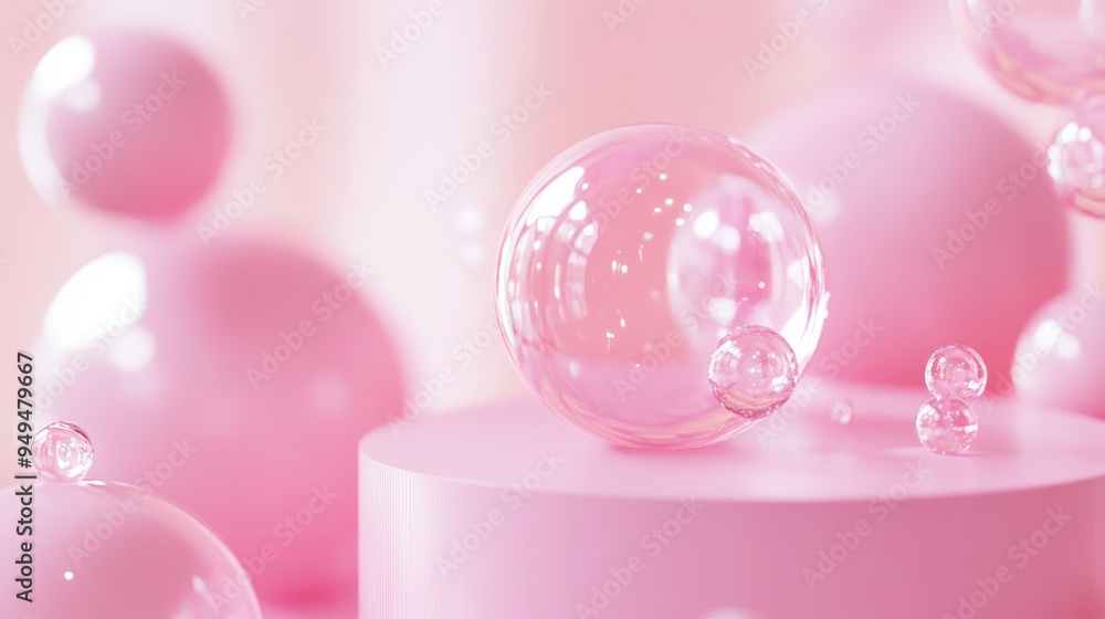 Poster Cosmetics display stand with a spherical design on a pink backdrop 3D rendering of cosmetic bubbles in a defocused setting