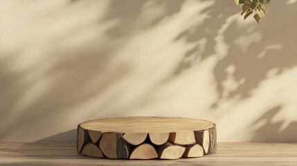 Minimal mockup concept for showcasing a cosmetic product A firewood podium set against a beige background Clipping paths for all elements included 3D rendered illustration