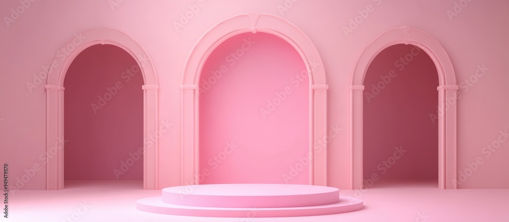 Poster Abstract pink backdrop featuring a geometric podium shape 3D rendering suitable for product display