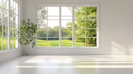 Empty white room showcasing a green landscape through the window featuring Scandinavian interior design in a 3D illustration