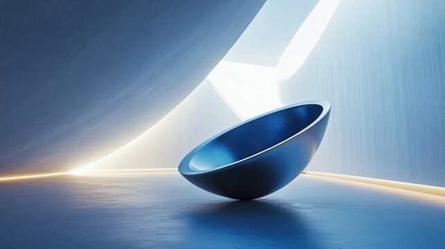 Futuristic minimalist interior featuring a blue sculpture illuminated by soft backlighting An architectural backdrop enhances the 3D illustration and rendering