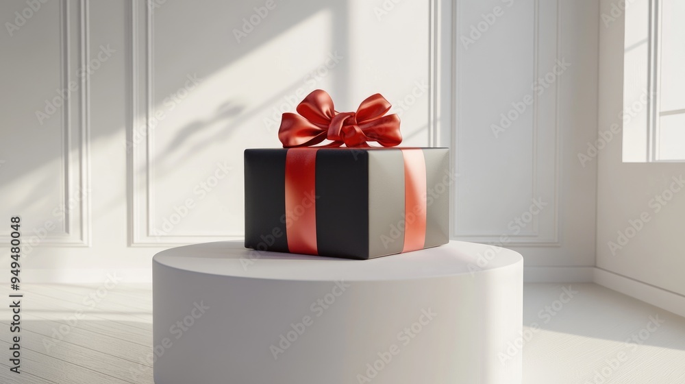 Poster celebratory gift box displayed on a round white pedestal in a studio setting 3d render