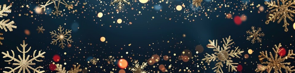 Festive navy background featuring snowflakes and golden sequins, with a hint of soft red for added warmth.