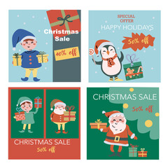 Fototapeta premium Christmas sale square banners set with cartoon fairy characters. Flat illustrations for advertising, social media post. Cute xmas characters with gifts - ad design for childrens winter holidays goods.