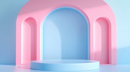Fototapeta premium Pink podium set against a blue backdrop for showcasing products Decorative elements in pastel colors Pedestal for ceremonies 3D rendering