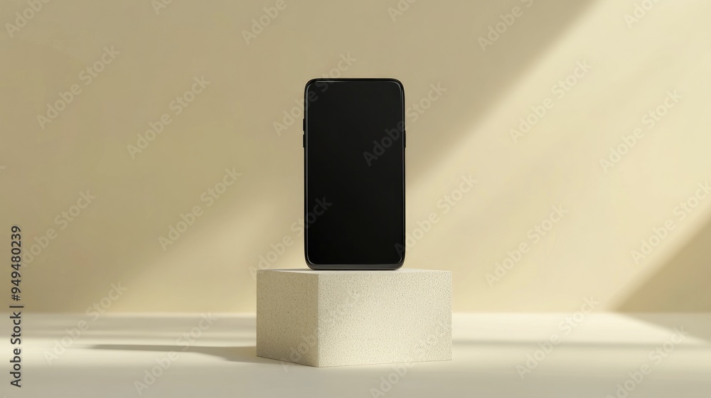 Fototapete Black smartphone on a creative square pedestal set against a light gradient background featuring a mock up display Ad concept 3D rendering