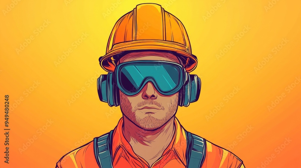 Wall mural 2D cartoon style illustration of a safety design featuring a man equipped with earplugs goggles and a hard hat