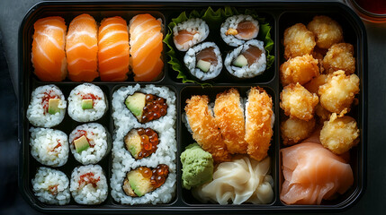 An assorted sushi bento box featuring a variety of nigiri, sushi rolls, and crispy tempura, accompanied by wasabi and pickled ginger.