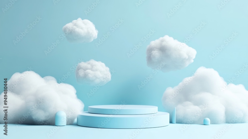 Aufkleber Blue backdrop featuring clouds and a minimalist podium 3D rendering