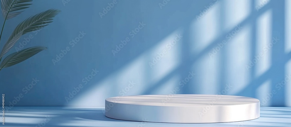 Poster Empty white podium with geometric shadows against a blue backdrop Mockup display for product presentation 3D render Minimalistic concept Advertising template