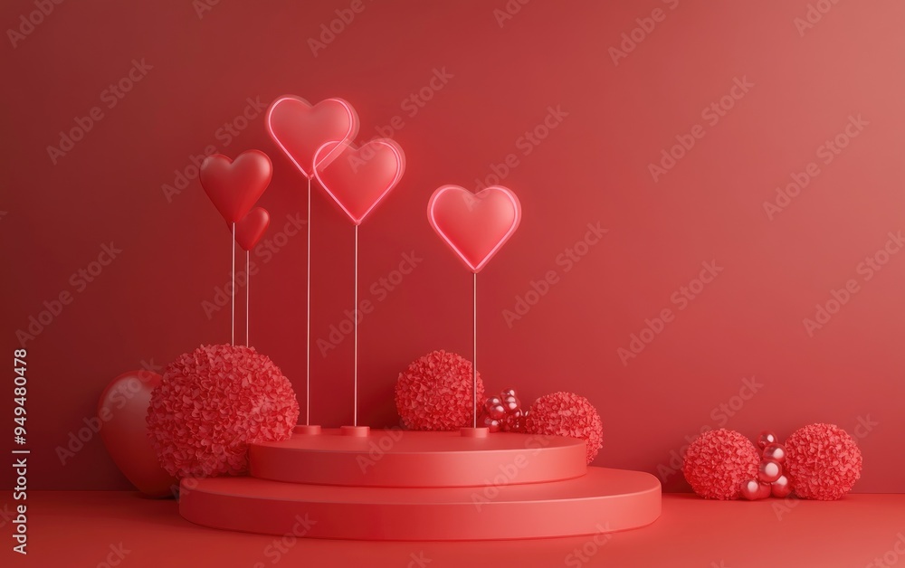 Poster Valentine s Day themed interior featuring a red platform hearts and a stand for display on a red background with ample space 3D rendering