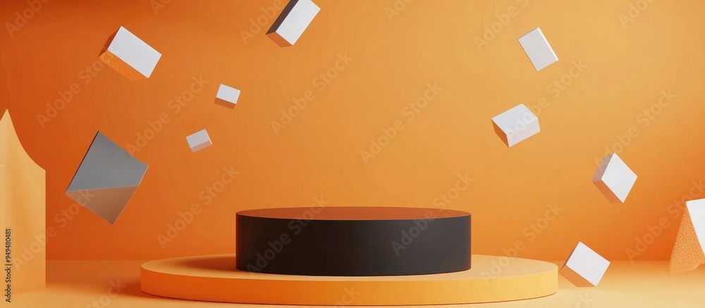 Poster minimal abstract composition featuring a podium and floating geometric shapes against an orange back