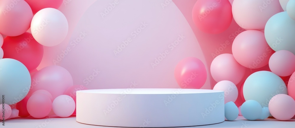 Aufkleber minimal product podium stage adorned with geometric pastel balloons for a presentation backdrop abst