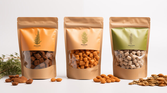 Eco-friendly packaging of dry pet food isolated on white background